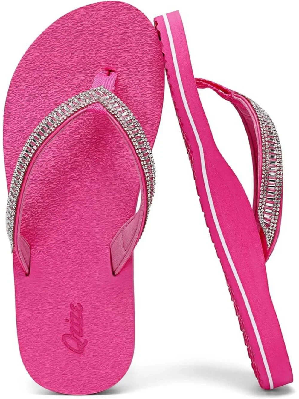 Women's Rose Red Summer Comfortable Flip Flops with Rhinestone Thong Sandals